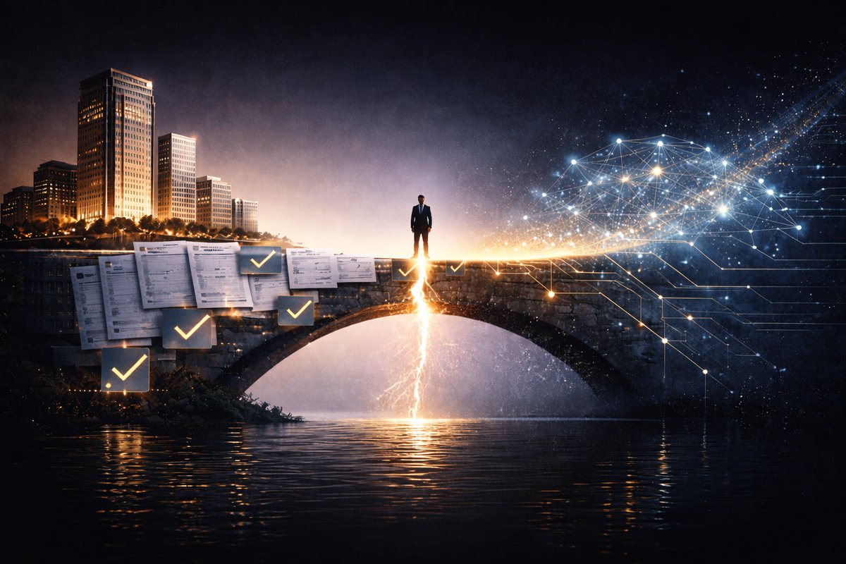 AI leadership — city bridge with digital AI overlay