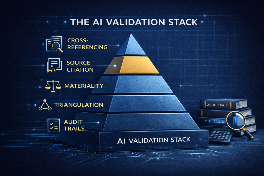 The AI Validation Stack — five pillars: Cross-referencing, Source Citation, Materiality, Triangulation, Audit Trails