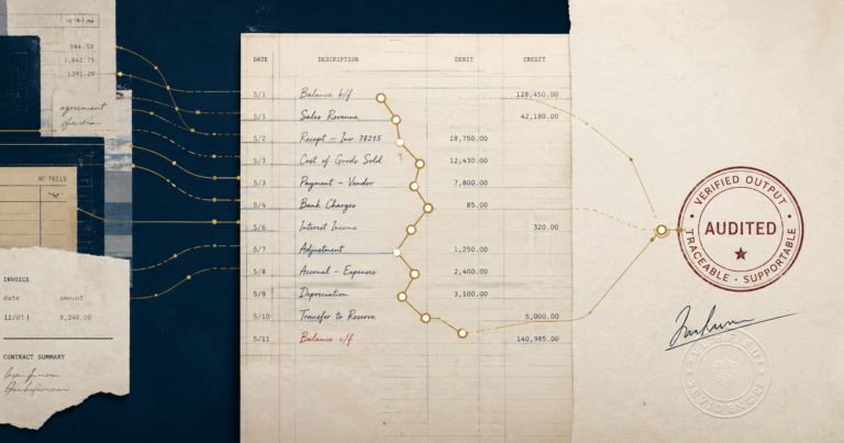 Editorial illustration of a financial ledger with an audit trail flowing across entries, ending in a verified-output stamp — representing the missing audit layer in enterprise AI.