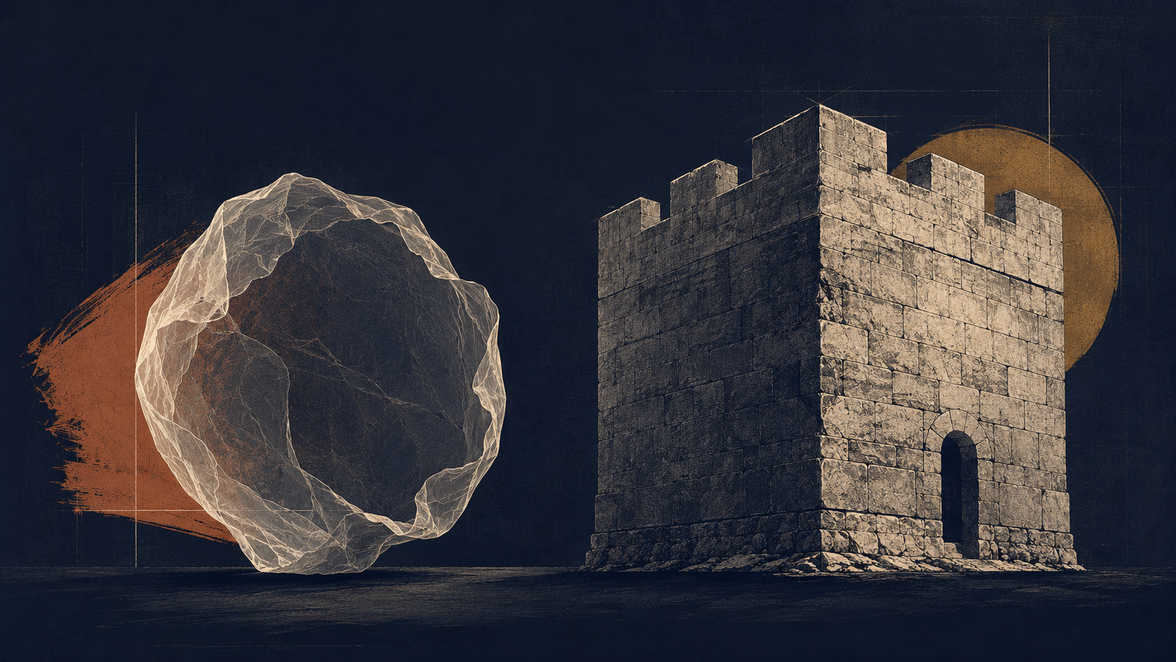 Two contrasting forms: a translucent hollow wireframe shell on the left, and a solid stone fortress on the right — visualising the distinction between AI wrappers and AI businesses with real moats.