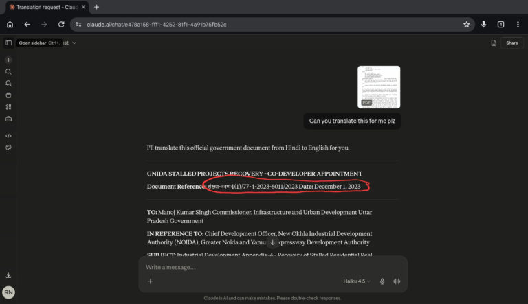 Frontier chatbot misreading a handwritten reference number on a Hindi government letter
